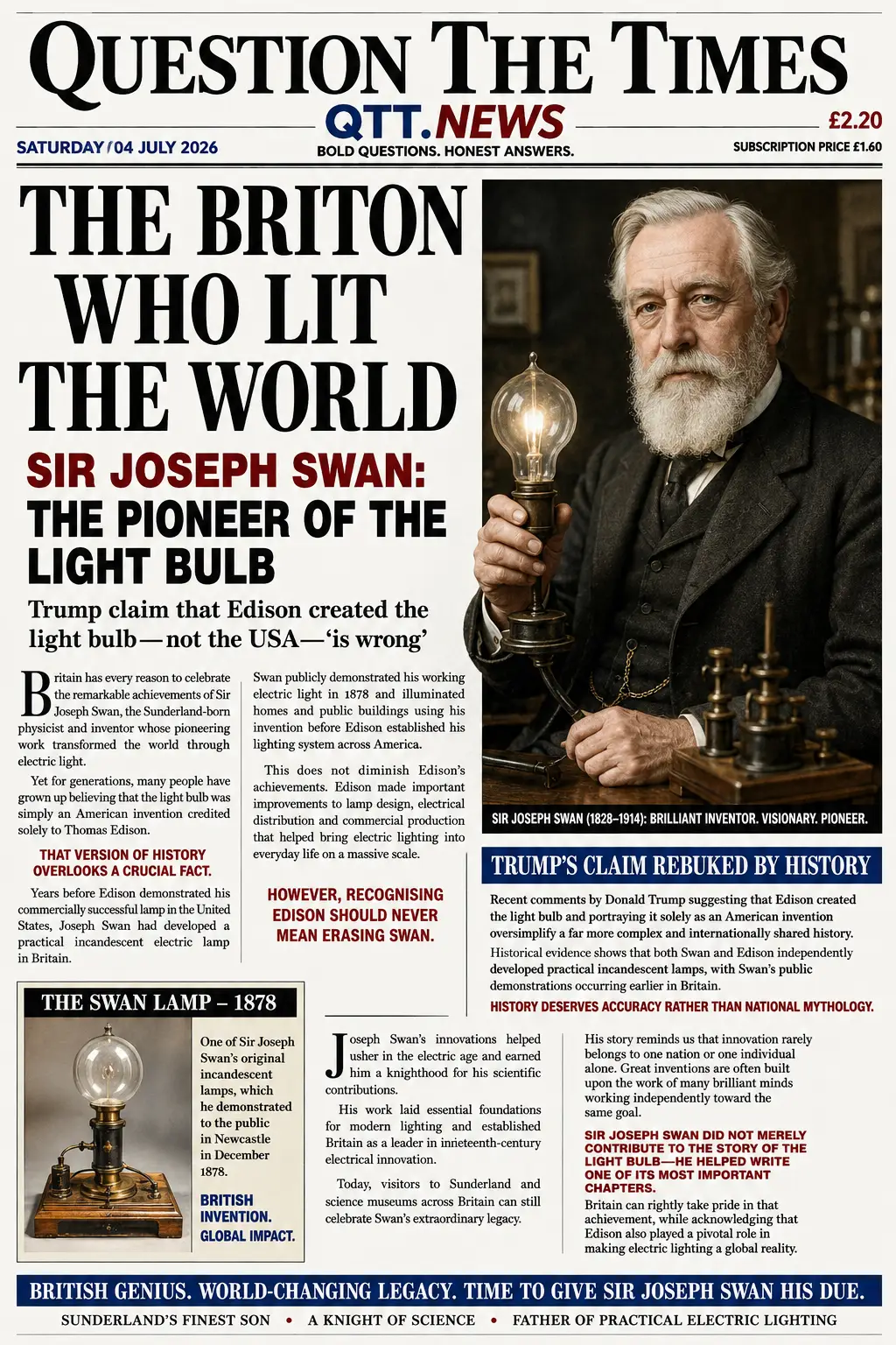 A newspaper front page titled Question The Times dated Saturday 04 July 2026, featuring a large portrait illustration of Sir Joseph Swan holding an early incandescent light bulb. The main headline reads "The Briton Who Lit the World" with a subheading declaring "Sir Joseph Swan: The Pioneer of the Light Bulb." The page contains articles explaining Swan's role in the development of electric lighting, a smaller illustration of an early Swan lamp, and commentary arguing that historical recognition should acknowledge Swan's pioneering achievements while noting that Thomas Edison later commercialised improved lighting systems.